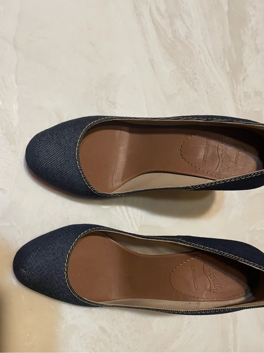 Christian Louboutin Navy Denim Pointed-Toe Pumps with Red Sole